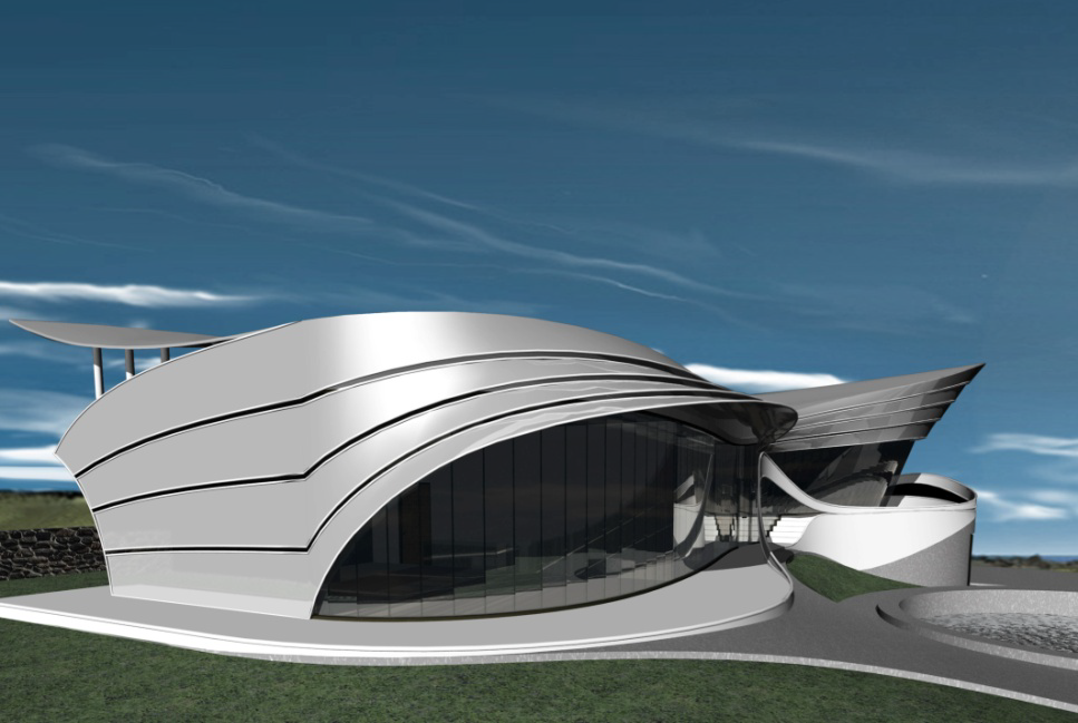 Rendering of a curved, silver-clad beach house with sweeping roof forms under a blue sky