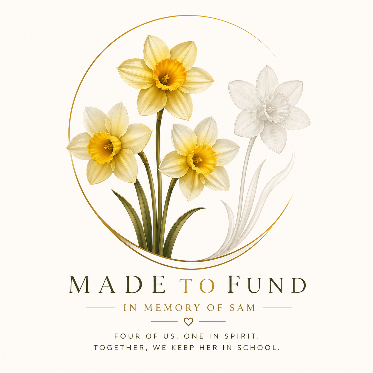 The MadeToFund mark — four watercolour daffodils, three golden and one pale in spirit