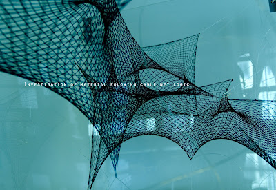 Cable-net wireframe study of a membrane surface titled investigation of material following cable net logic