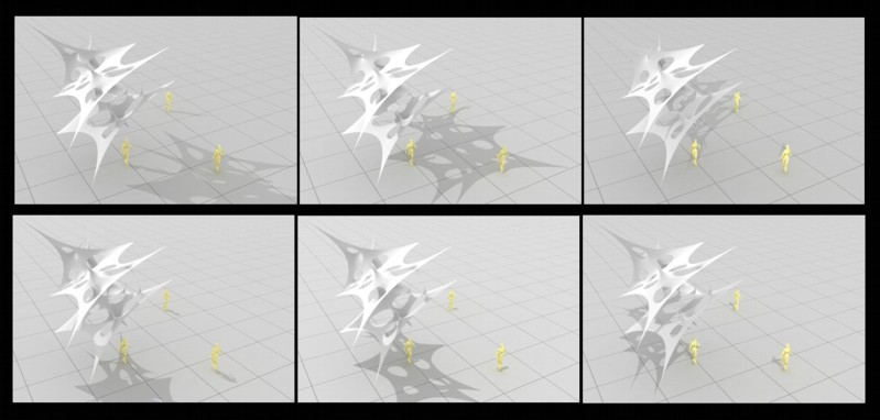 Six-frame digital sequence of a membrane canopy with human figures showing shading and scale
