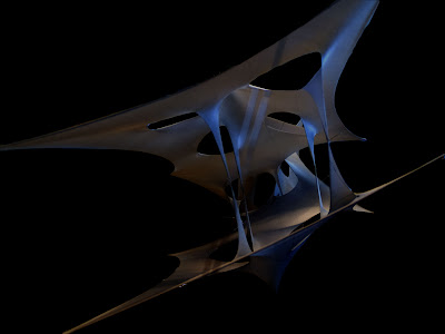 Dark night rendering of a curved membrane structure lit from beneath