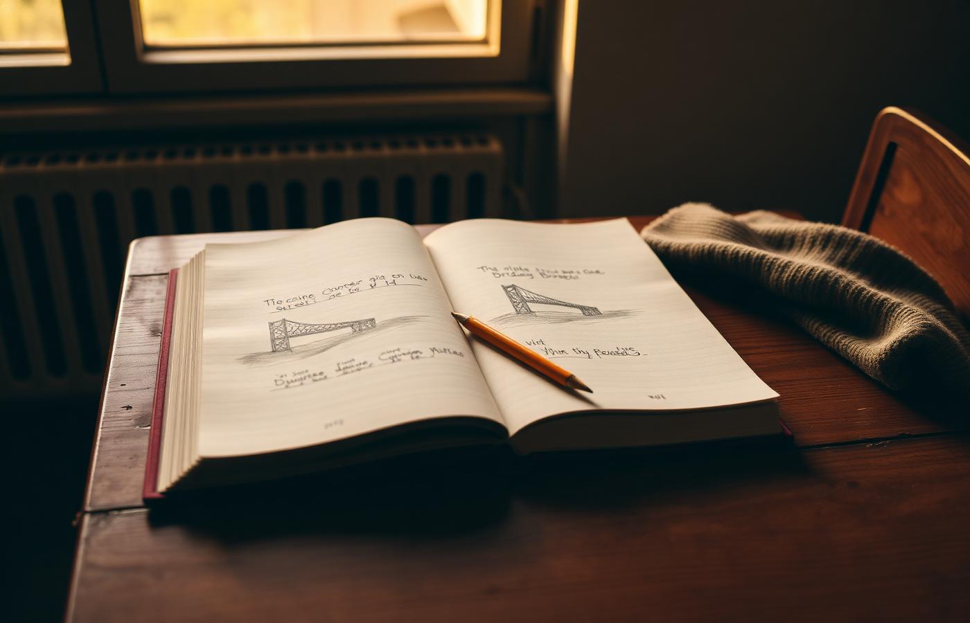 An open exercise book with hand-drawn bridge sketches on a school desk